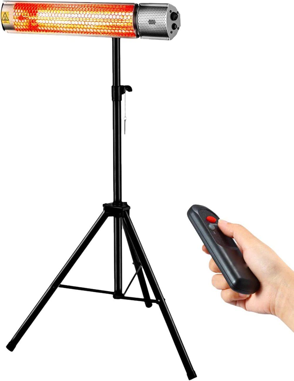 LAKeyen Electric Outdoor Heater - Infrared heater Outdoor and Indoor usage - IP65 Dustproof and Waterproof Wall-mountedTripod infrared Patio Heater with Remote Control - 750-1500 Watts Halogen Lamp