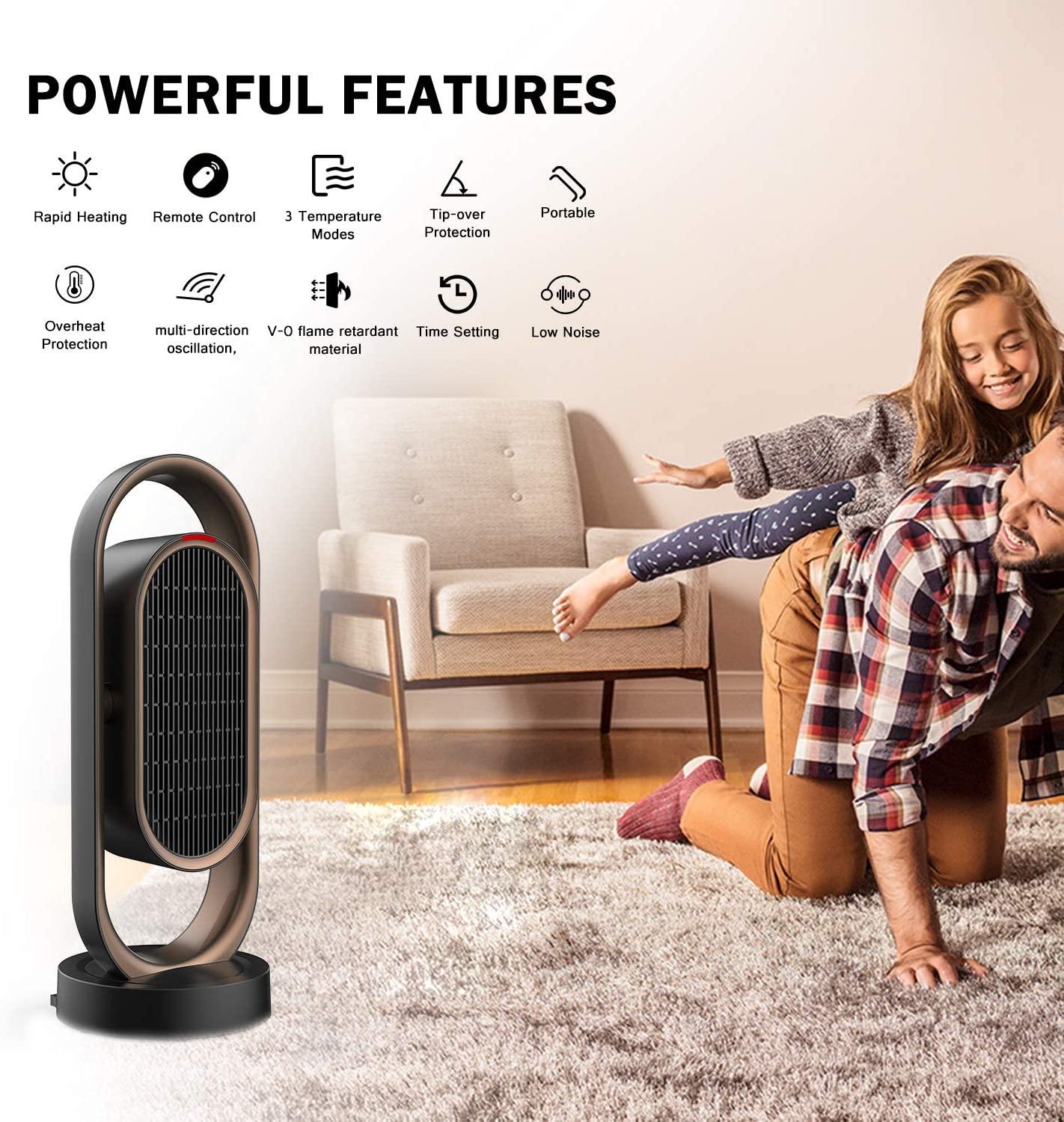 Space Heater for Home &Office - Ceramic Quiet Tower Heater 1 Seconds Heat Up Portable Small Personal Heater for Office Desk with 3 Temperature Modes,Oscillating Heater Fan for Home, Indoor Use - Image 5