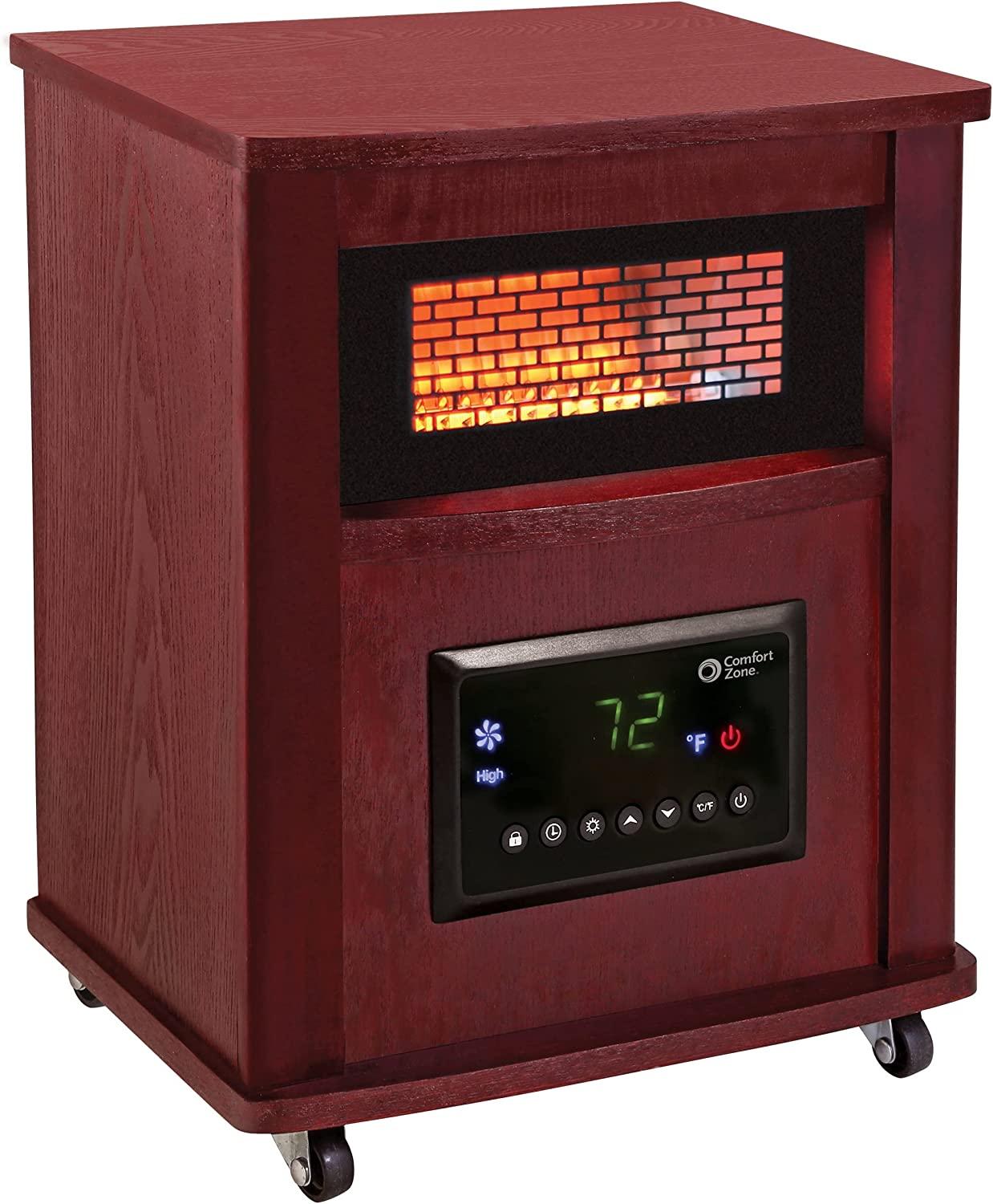 Comfort Zone CZ2032C 750/1,500-Watt 16” Infrared Quartz Wood Cabinet Heater with Remote Control and Adjustable Thermostat with Digital Display, Overheat Protection, Cherry Finish