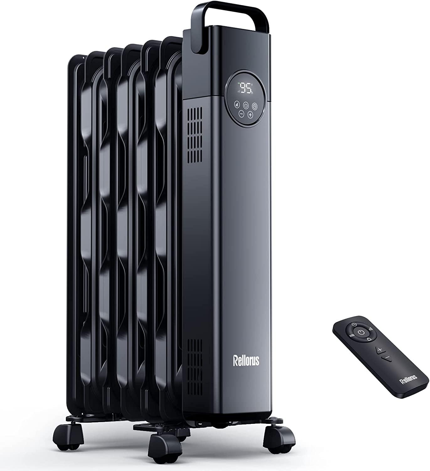 Rellorus Radiator Heater, Space Oil Filled Heater 1500W, 4 Modes, 24H Timer, Adjustable Thermostat, Quiet, Tip-Over Protection, Electric Portable Heater with Remote for Indoor Use