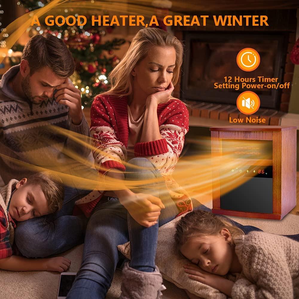 Electric Space Heater, 1500W Infrared Heater with 3 Heat Modes, Remote Control & Timer, Room Heater with Overheat & Tip-Over Shut Off Protection Device, Wood Cabinet Heater, Brown - Image 3