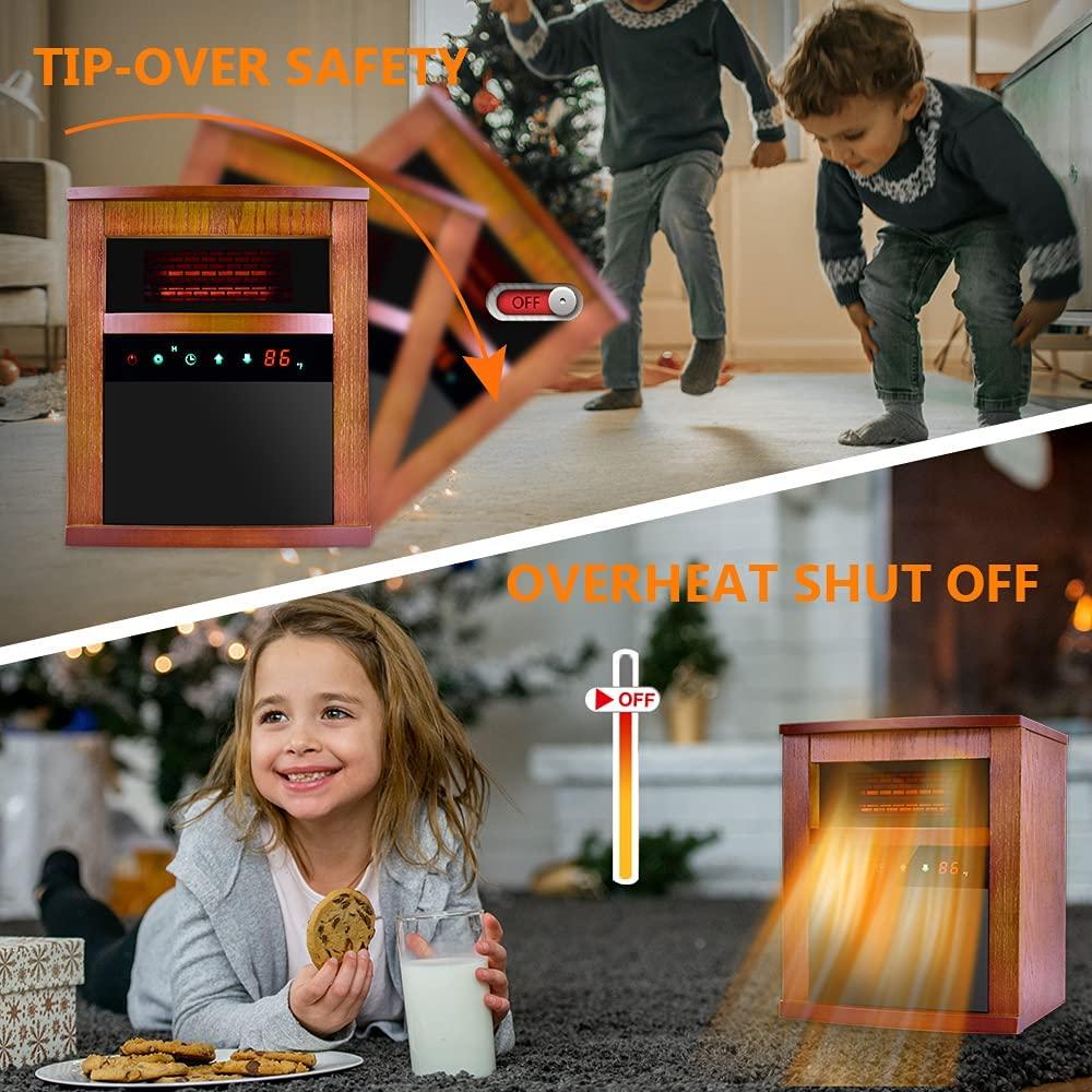 Electric Space Heater, 1500W Infrared Heater with 3 Heat Modes, Remote Control & Timer, Room Heater with Overheat & Tip-Over Shut Off Protection Device, Wood Cabinet Heater, Brown - Image 4