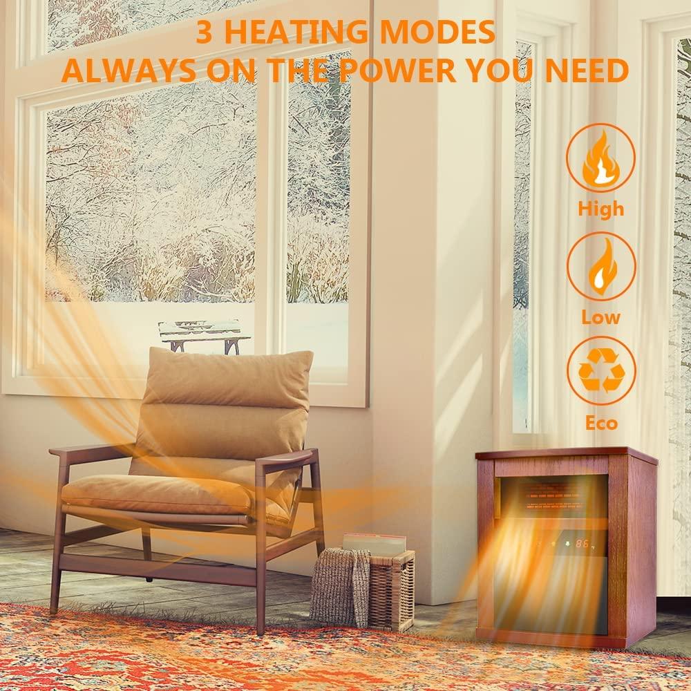 Electric Space Heater, 1500W Infrared Heater with 3 Heat Modes, Remote Control & Timer, Room Heater with Overheat & Tip-Over Shut Off Protection Device, Wood Cabinet Heater, Brown - Image 5