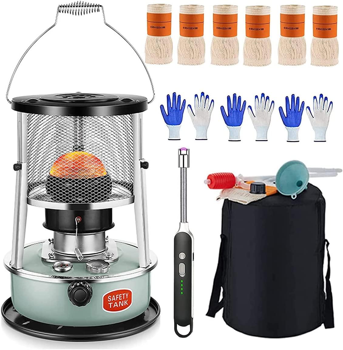 Stainless Steel Kerosene Heater, 10,000-btu Portable Kerosene Heater, with 6 Wicks 2 Pairs f Gloves and Lighter, Low Power Consumption Kerosene Heaters for Indoor/Outdoor Use
