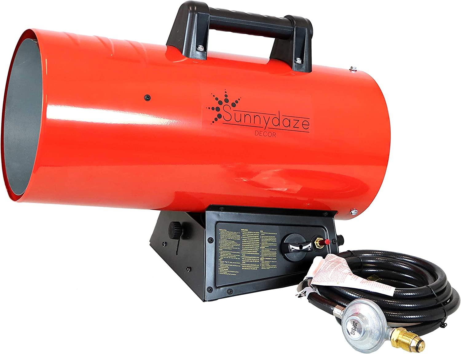 Sunnydaze 125,000 BTU Forced Air Propane Heater - Portable Heat for Construction Sites - Auto-Shutoff for Overheating Protection - Adjustable Heating Output - Piezo Ignition - Red and Black