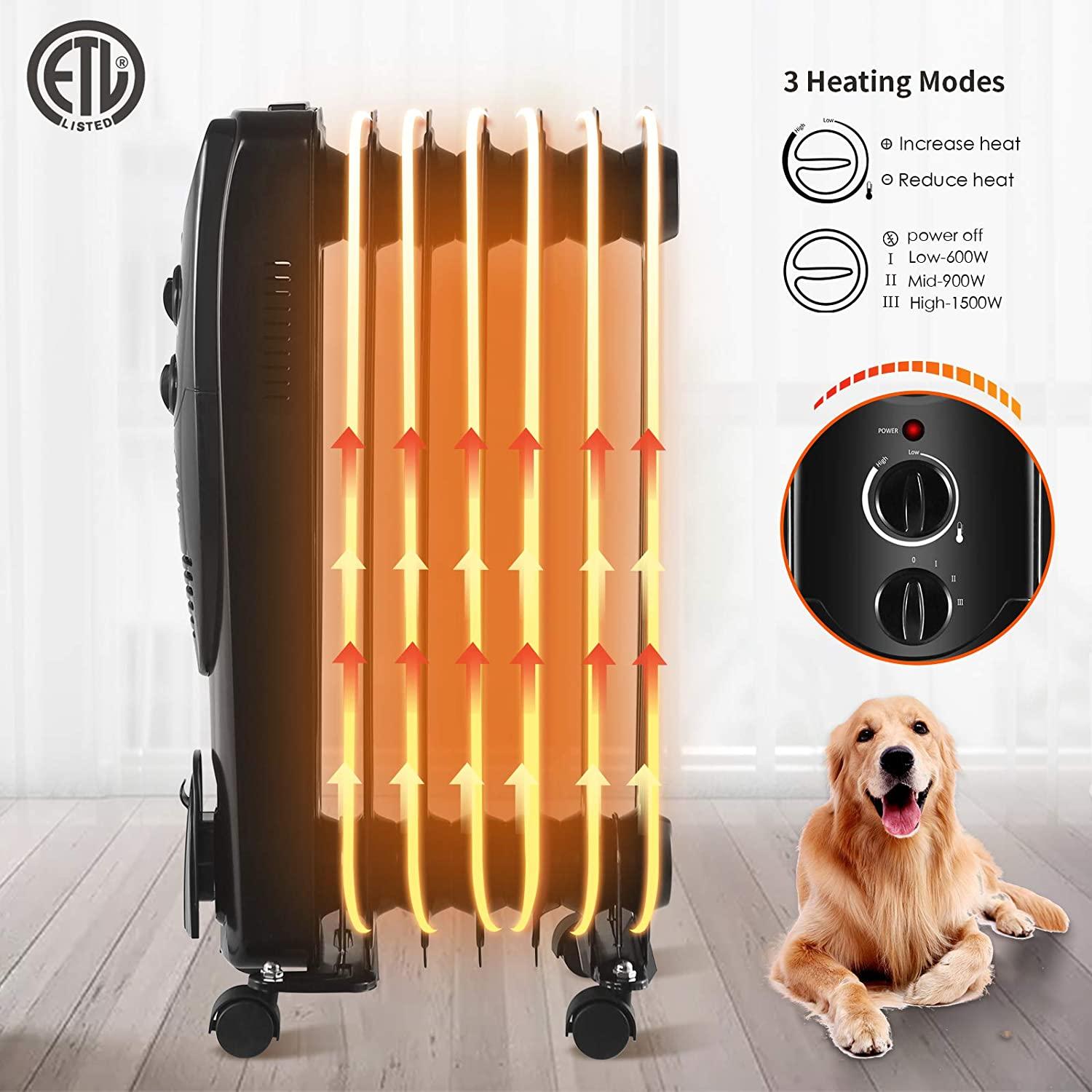 Electric Space Heater 1500W, Portable Oil Heater with 3 Heat Settings, Oil Filled Radiator Heater for Home/Office, Black - Image 4