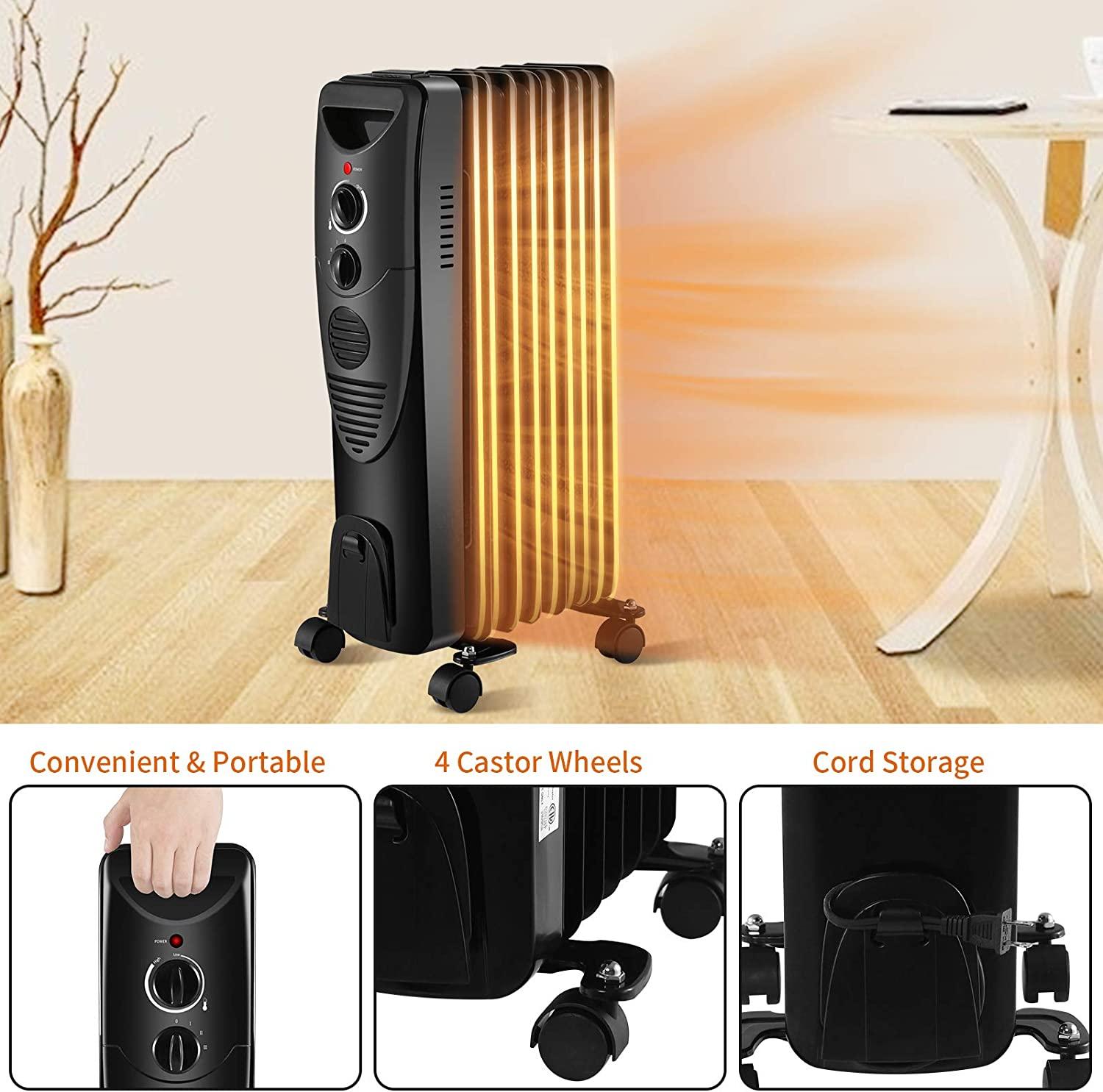 Electric Space Heater 1500W, Portable Oil Heater with 3 Heat Settings, Oil Filled Radiator Heater for Home/Office, Black - Image 5