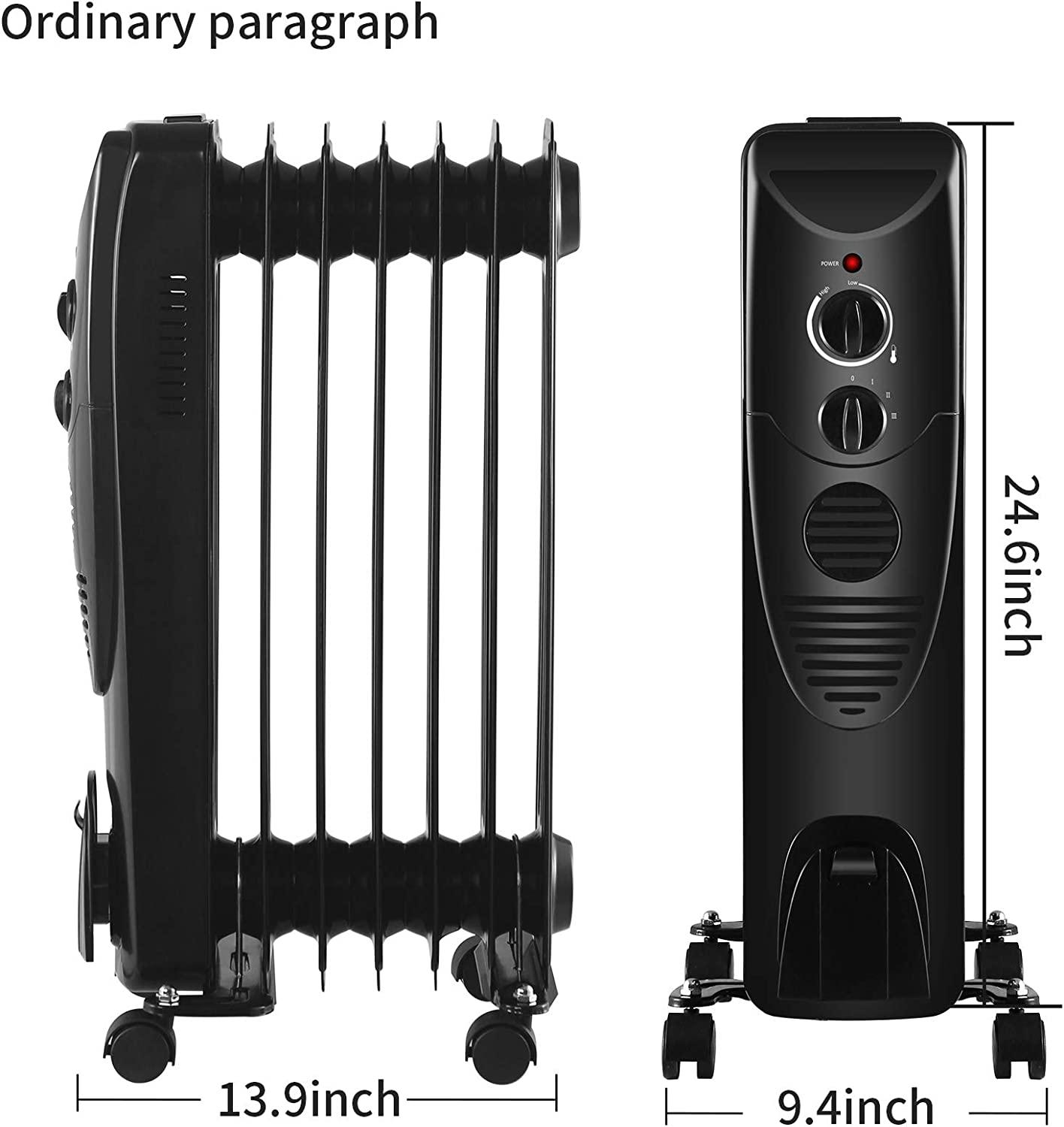 Electric Space Heater 1500W, Portable Oil Heater with 3 Heat Settings, Oil Filled Radiator Heater for Home/Office, Black - Image 6
