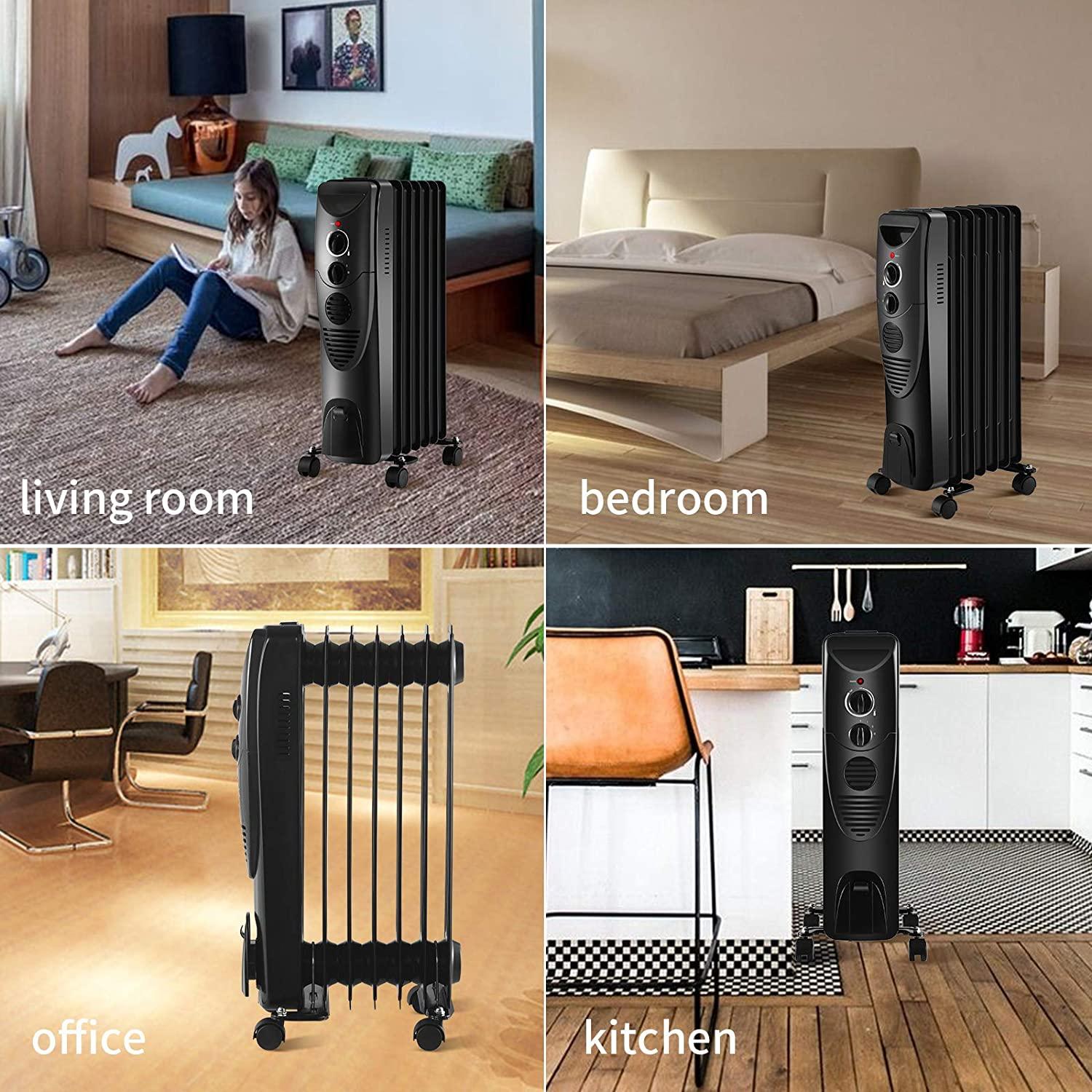Electric Space Heater 1500W, Portable Oil Heater with 3 Heat Settings, Oil Filled Radiator Heater for Home/Office, Black - Image 7