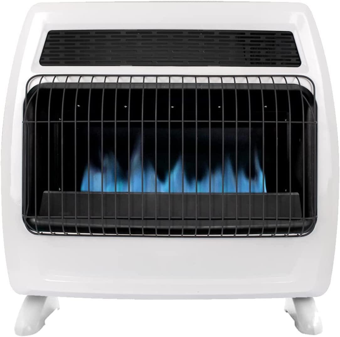 UTY 30,000 BTU Liquid Propane Wall Heater for Indoor Use - Blue Flame, Vent , with Standing Base Legs, White, 29 inchx10.6 inch x25 inch