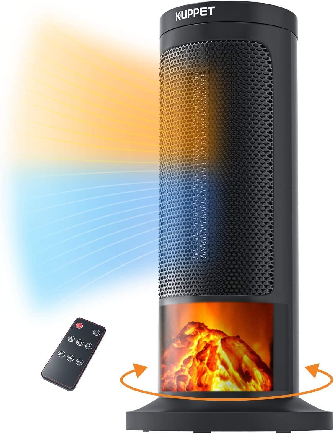 KUPPET Oscillating Fan & Heater Combo Tower, 3D Realistic Flame Effect for Indoor Use - Remote - Control - 12H Timer - Tip-over&Overheating Protection, Adjustable Thermostat for Home, Office, Bedroom, Living Room, Black