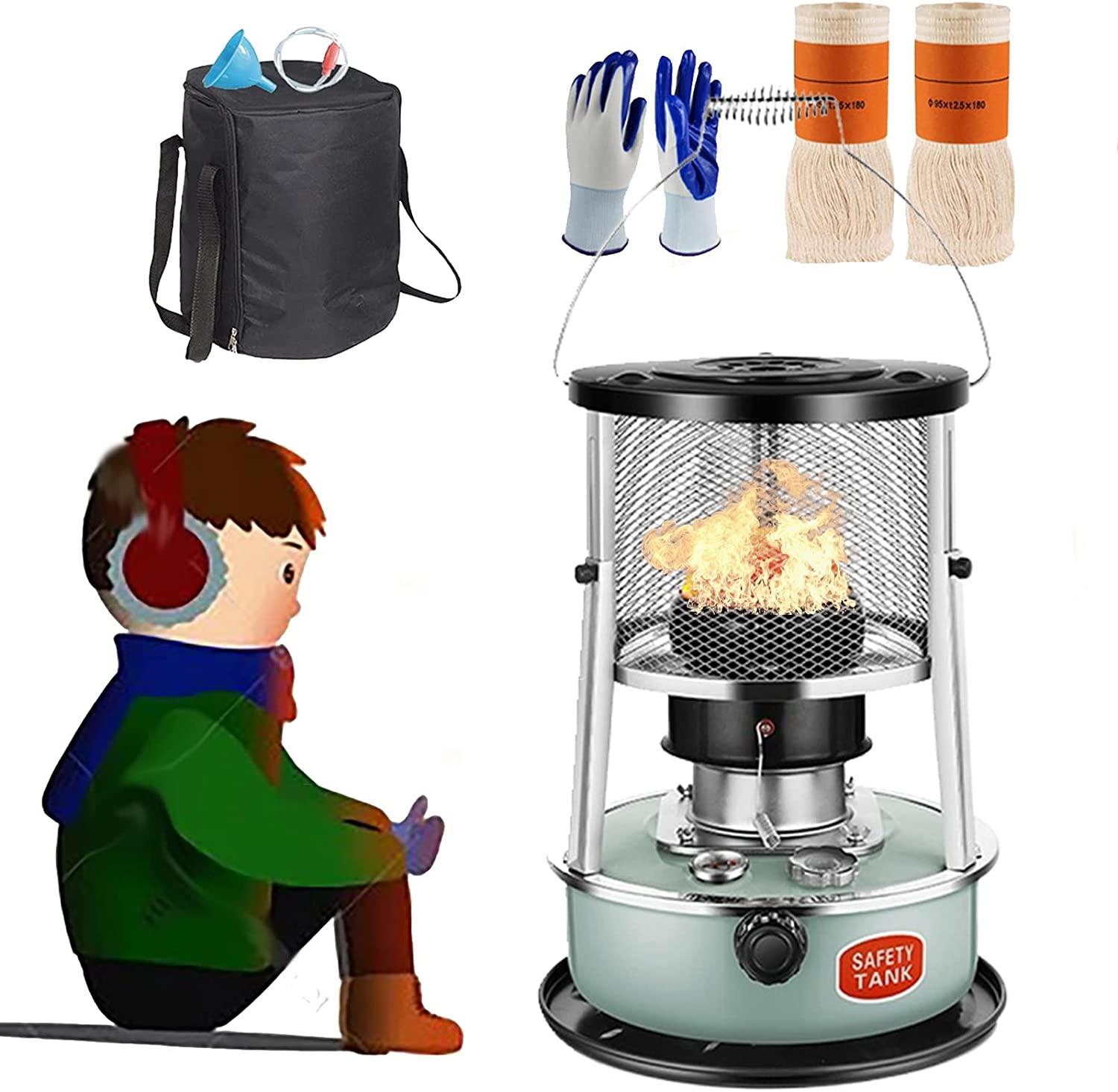 Indoor Kerosene Heater, Non-Electric Heating, High Efficiency Heating Kerosene Heater, with Fall Protection, Oil Heaters for Indoor Use Adjustable Flame with Storage Bag and 2*Cotton Cores