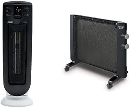 De'Longhi Ceramic Tower Heater & Mica Thermic Panel Heater, Full Room Quiet 1500W, standing/Easy Install Wall Mount, Adjustable Thermostat, 2 Heat Settings, Black, HMP1500