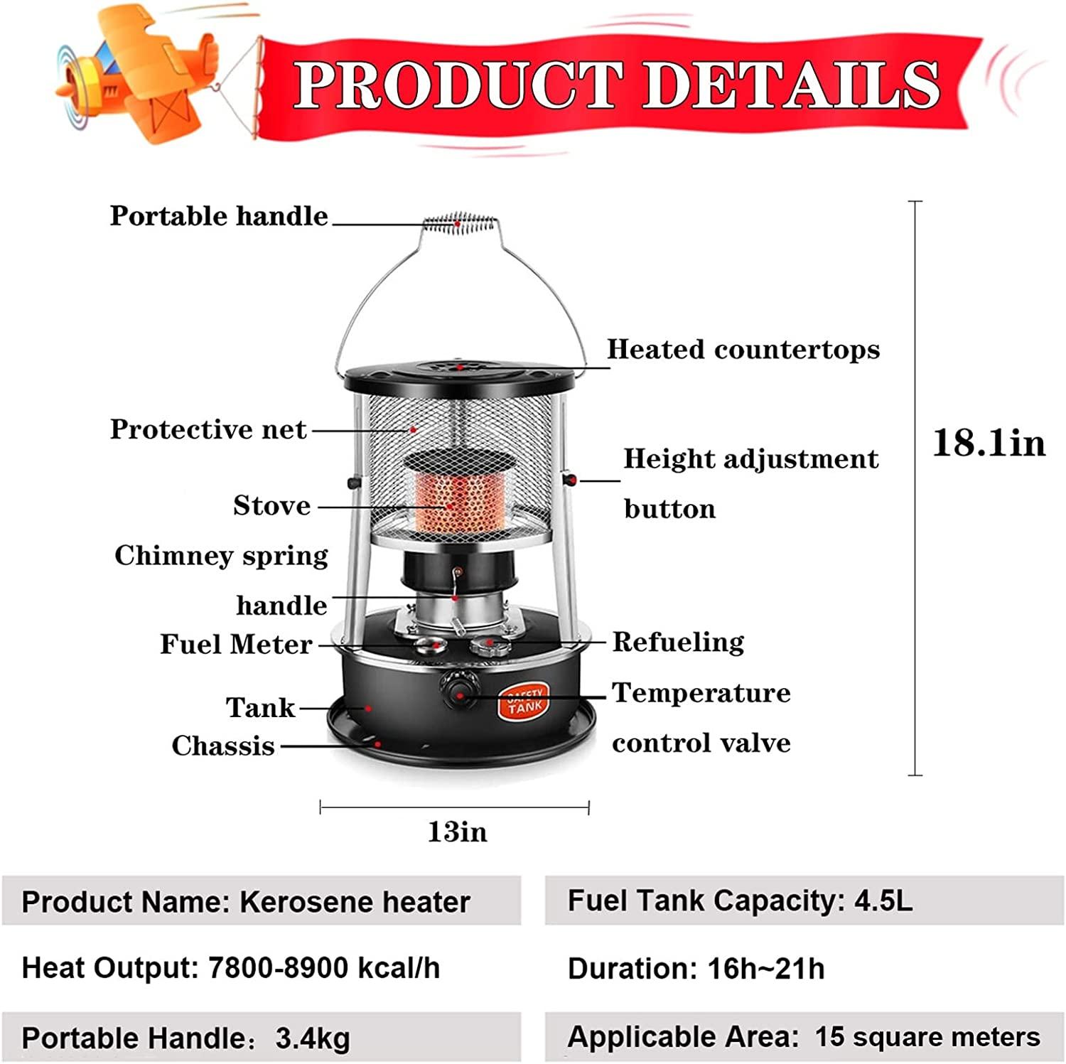 Kerosene Heaters for Indoor Use Outdoor Camping, Stainless Steel Kerosene Oil Heater with Anti-Tipping Automatic Closing, Lightweight Portable Liftable Design for Indoor Outdoor, Patio, Deck, Home - Image 5