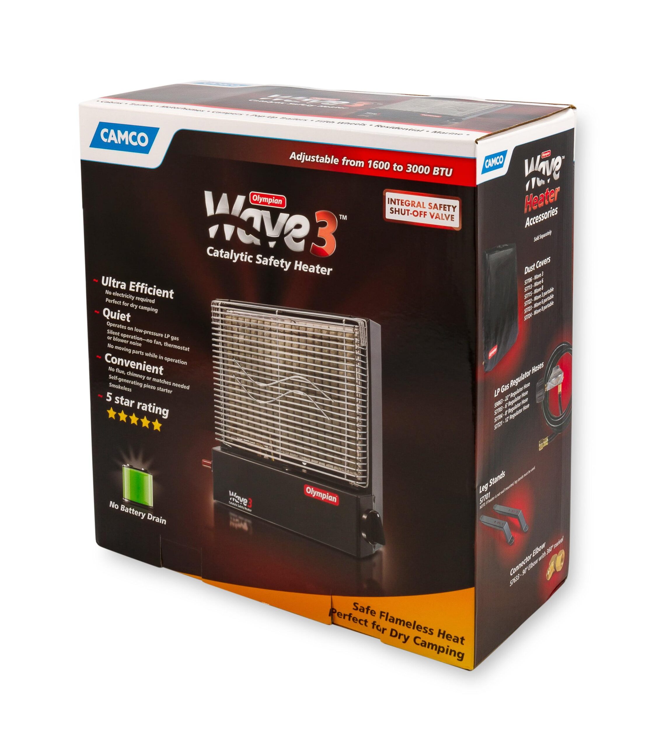 Camco Olympian RV Wave-3 LP Gas Catalytic Safety Heater, Adjustable 1600 to 3000 BTU, Warms 130 Square Feet of Space, Portable and Wall Mountable - Image 3