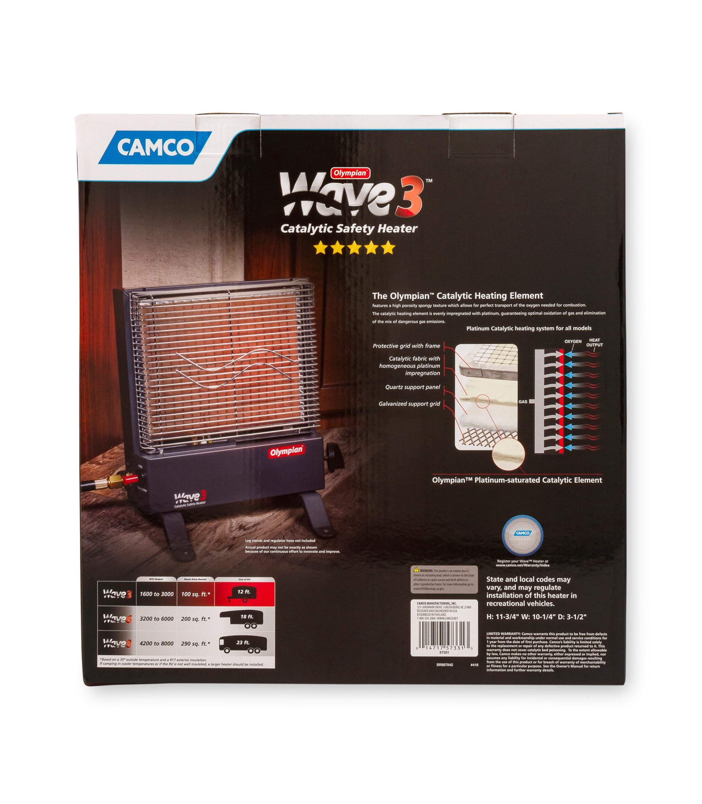 Camco Olympian RV Wave-3 LP Gas Catalytic Safety Heater, Adjustable 1600 to 3000 BTU, Warms 130 Square Feet of Space, Portable and Wall Mountable - Image 5