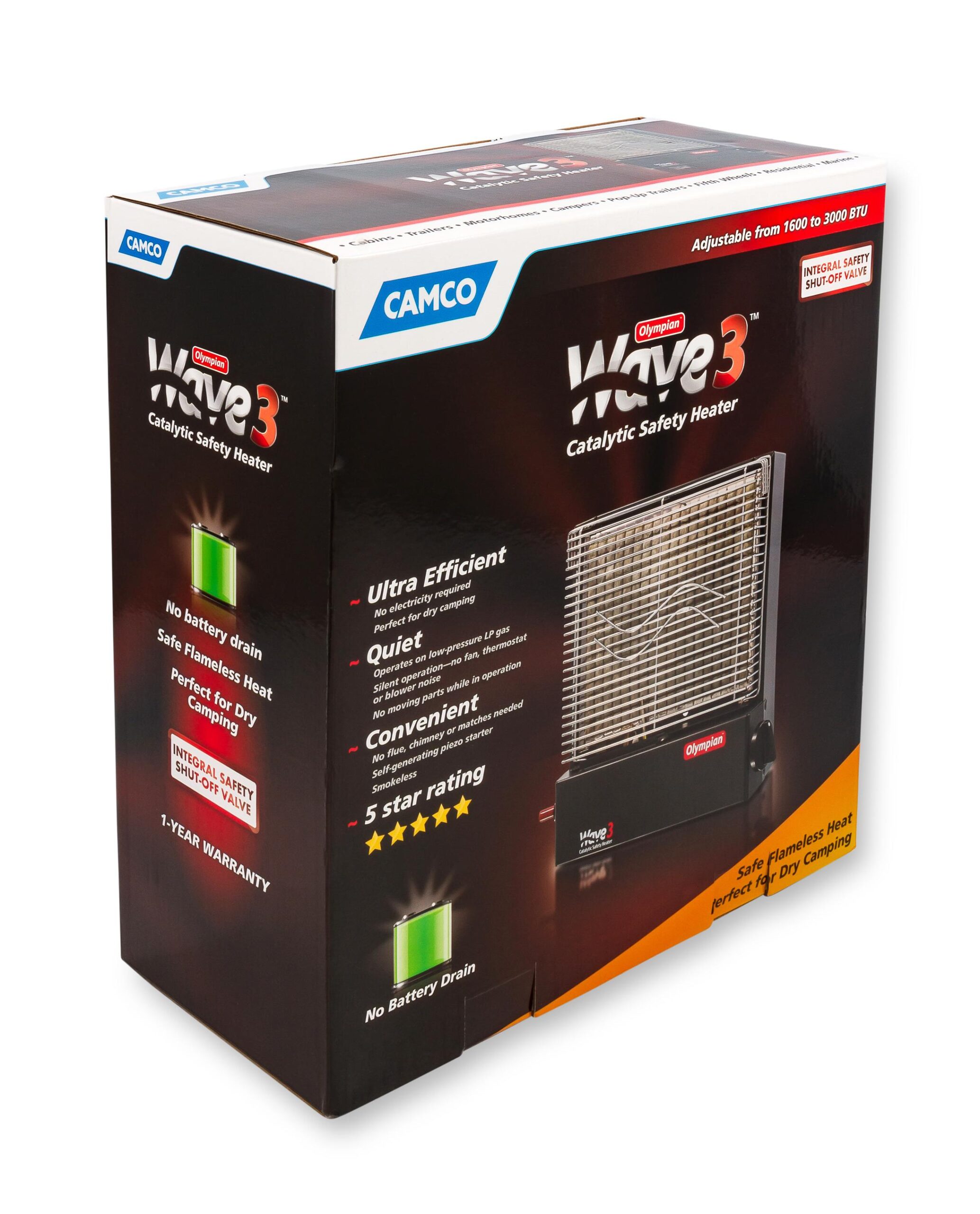 Camco Olympian RV Wave-3 LP Gas Catalytic Safety Heater, Adjustable 1600 to 3000 BTU, Warms 130 Square Feet of Space, Portable and Wall Mountable - Image 7