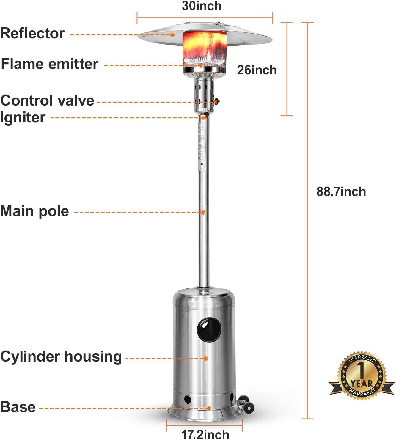 48000 BTU Outdoor Propane Patio Heater, Tainless Steel Outside Space Gas Heater with Wheels, Standing Patio Floor Air Heater, for Commercial, Residential, Garden, Porch, Party, Deck - Image 3