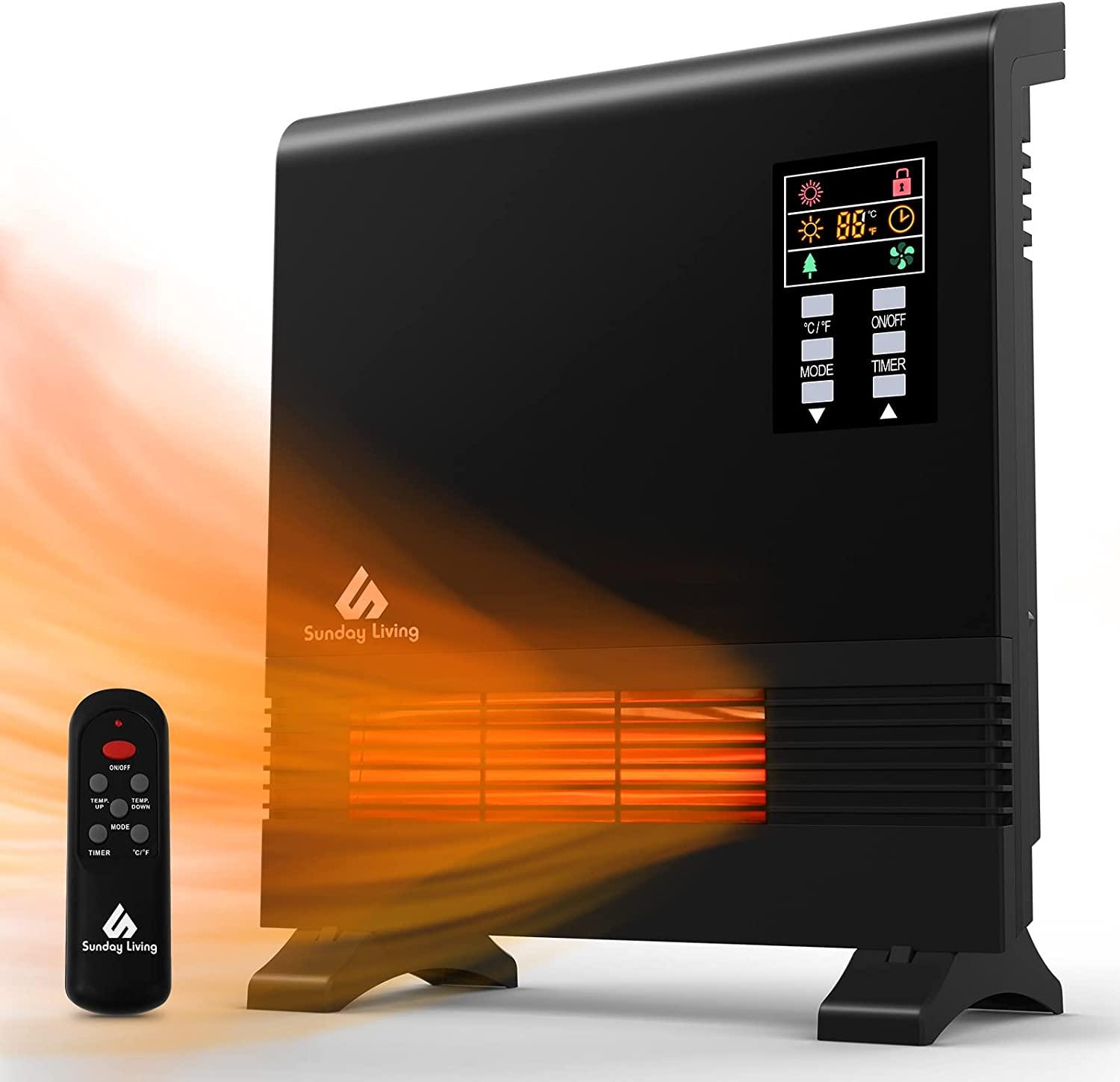 Sunday Living Electric Space Heater, 1500W Infrared Space Heater, Wall Mount or standing, Adjustable Thermostat, Remote Control, 12-H Timer, Wall Heater for Large Room, Bathroom, Garage, Bedroom