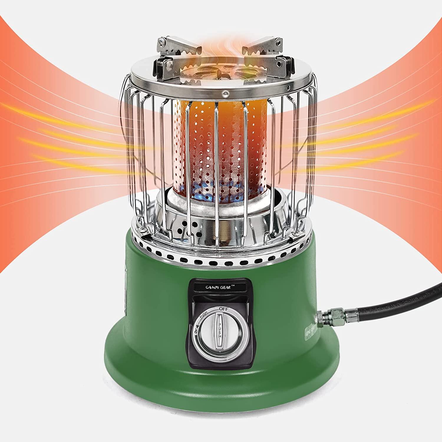 Campy Gear Wiry 2 in 1 Portable Propane Heater & Stove with Hose and Pot, Outdoor Camping Gas Stove Camp Tent Heater for Ice Fishing Backpacking Hiking Hunting Survival Emergency (Green, CG-3000B)