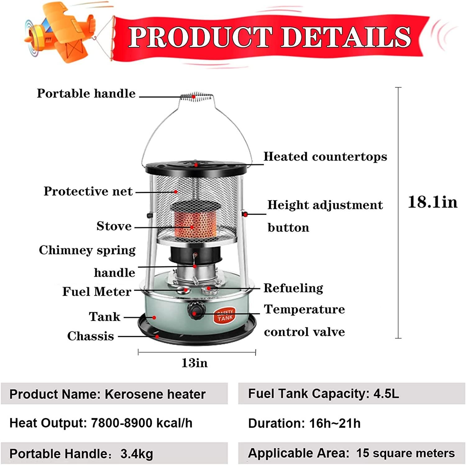 Aigoss Kerosene Heaters for Indoor Use 9000 Btu/h Indoor Kerosene Heater, 2600W Portable Efficient Camping Heater Stove, Emergency Heater No Electricity Heaters for Patio Camping Ice Fishing Survival - Image 4