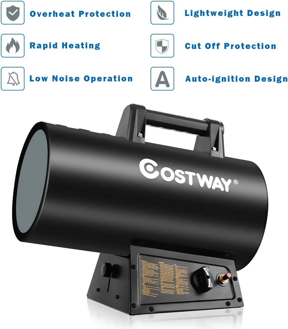 COSTWAY Propane Heater, 60000 BTU Propane Forced Air Heater, Heat Output, Overheat & Cut-off Protection, Portable Gas Space Heater Suitable for Ventilated Warehouse Construction Site Workshop, Black - Image 4