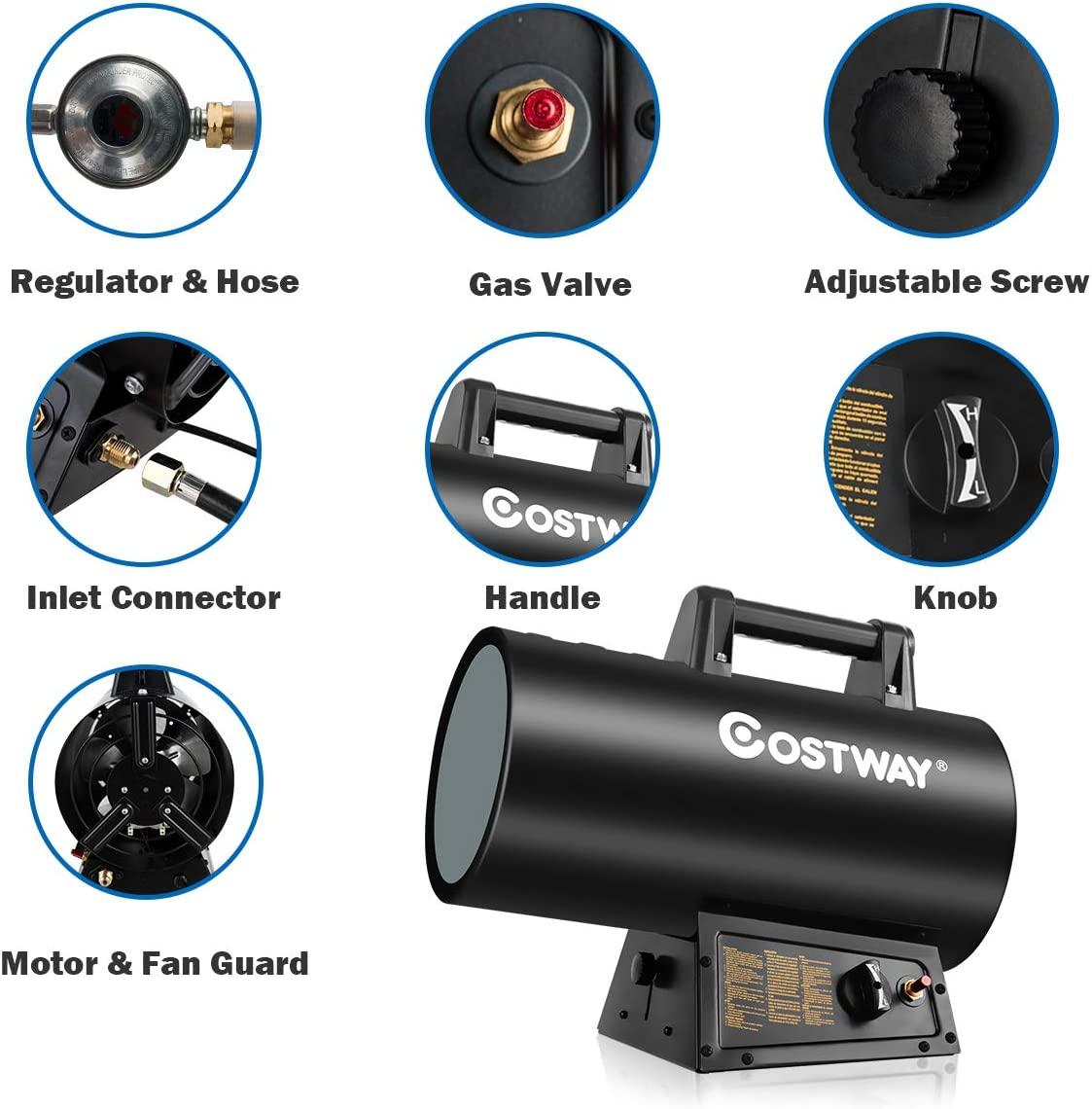 COSTWAY Propane Heater, 60000 BTU Propane Forced Air Heater, Heat Output, Overheat & Cut-off Protection, Portable Gas Space Heater Suitable for Ventilated Warehouse Construction Site Workshop, Black - Image 5