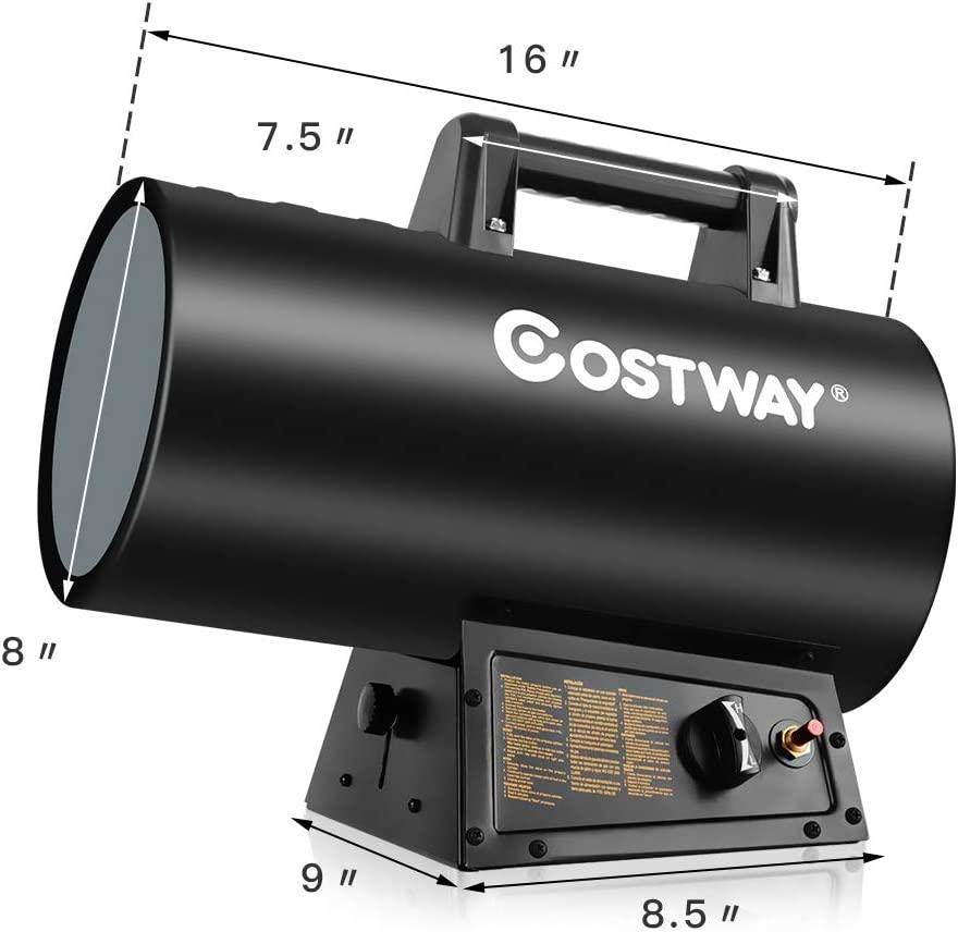 COSTWAY Propane Heater, 60000 BTU Propane Forced Air Heater, Heat Output, Overheat & Cut-off Protection, Portable Gas Space Heater Suitable for Ventilated Warehouse Construction Site Workshop, Black - Image 8