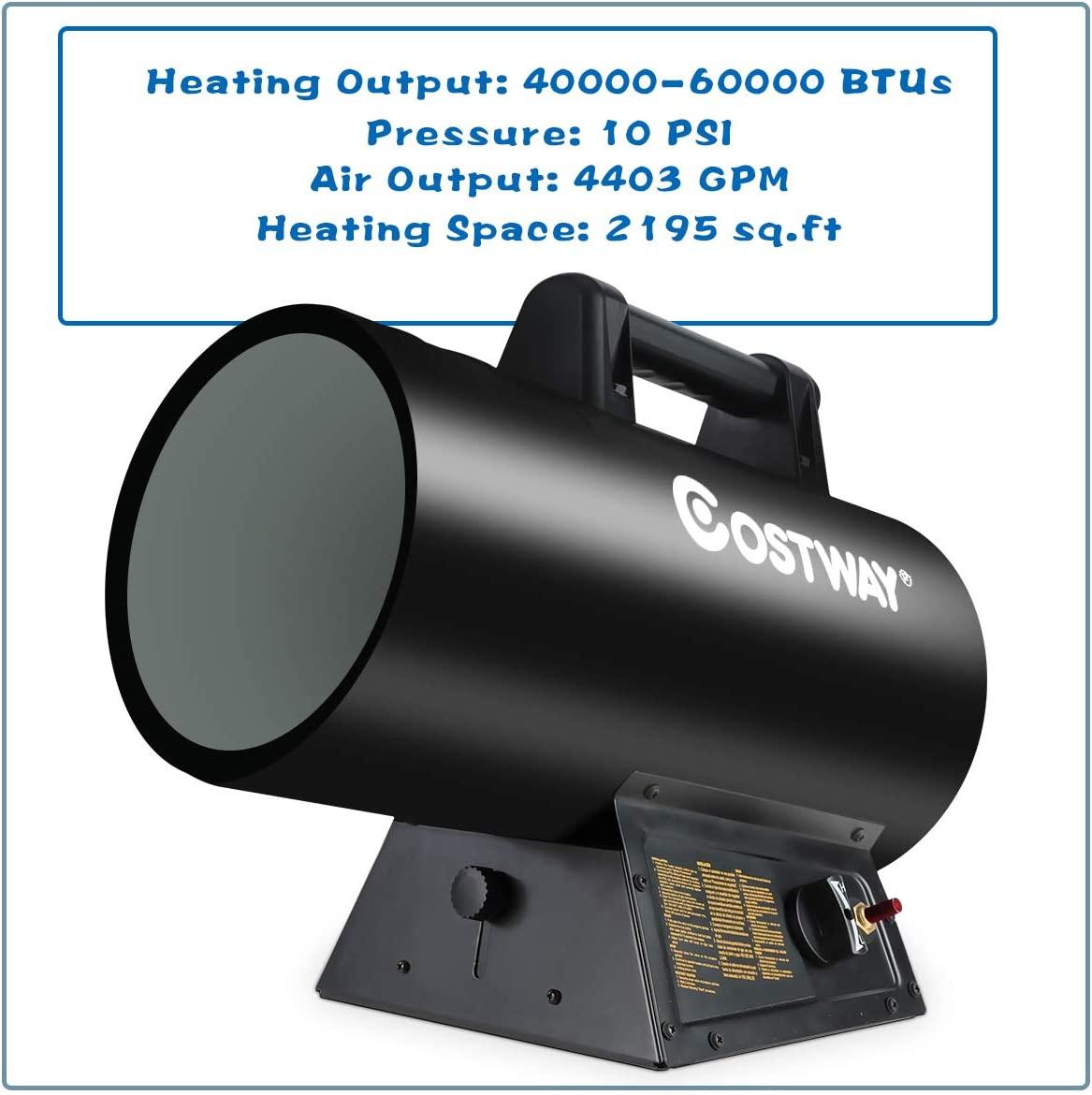 COSTWAY Propane Heater, 60000 BTU Propane Forced Air Heater, Heat Output, Overheat & Cut-off Protection, Portable Gas Space Heater Suitable for Ventilated Warehouse Construction Site Workshop, Black - Image 9